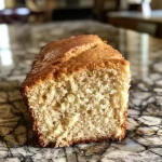 Close-up side view of a moist Yogurt Pound Cake with a golden-brown crust.