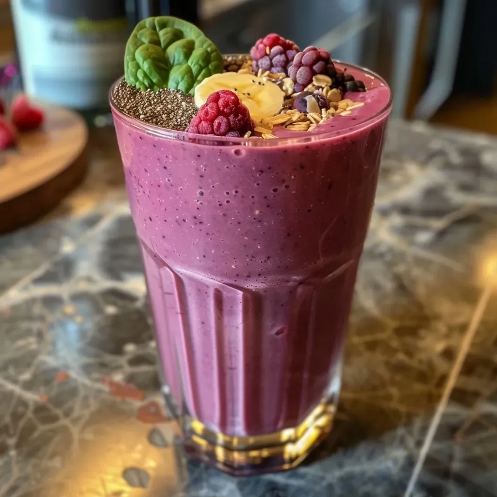 Side view of a refreshing smoothie, blending shades of green and purple from spinach and berries.