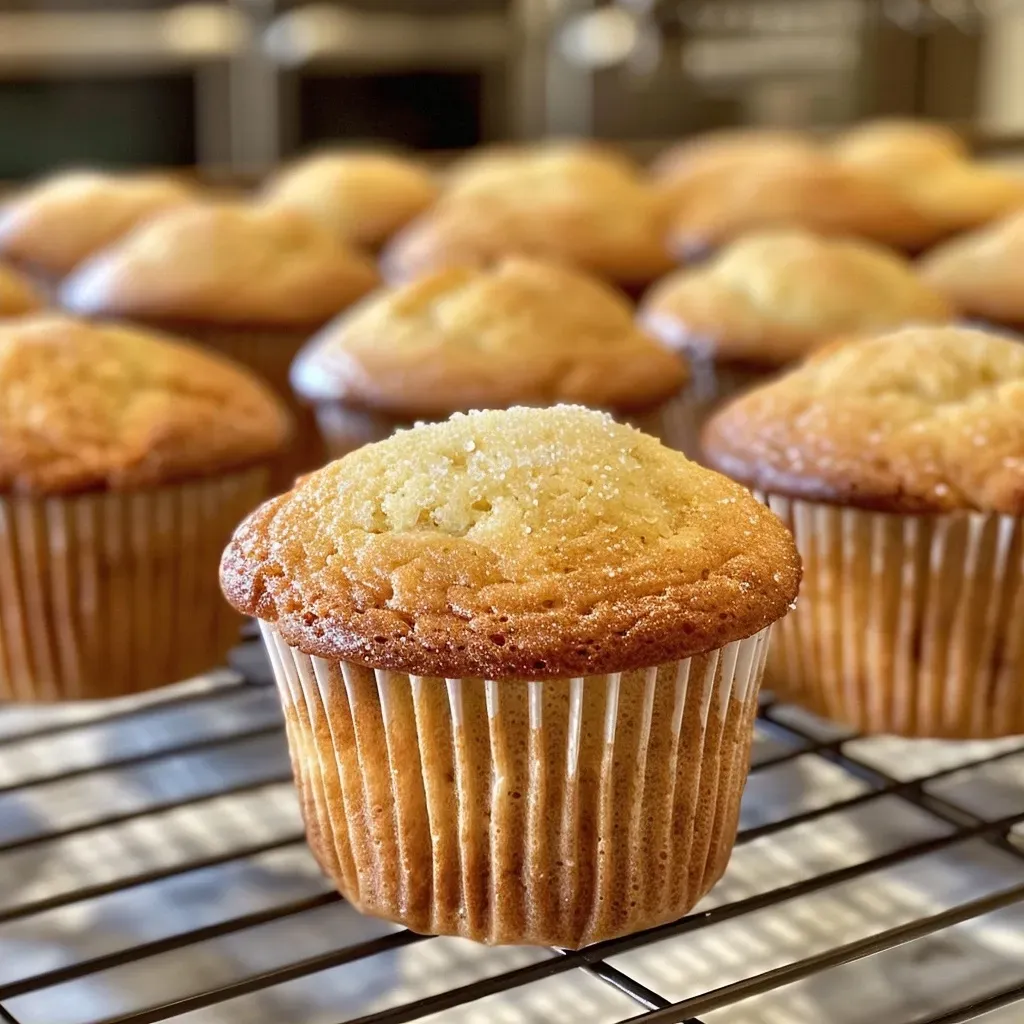 Juicy, fluffy vanilla muffins displayed in a close-up side angle.