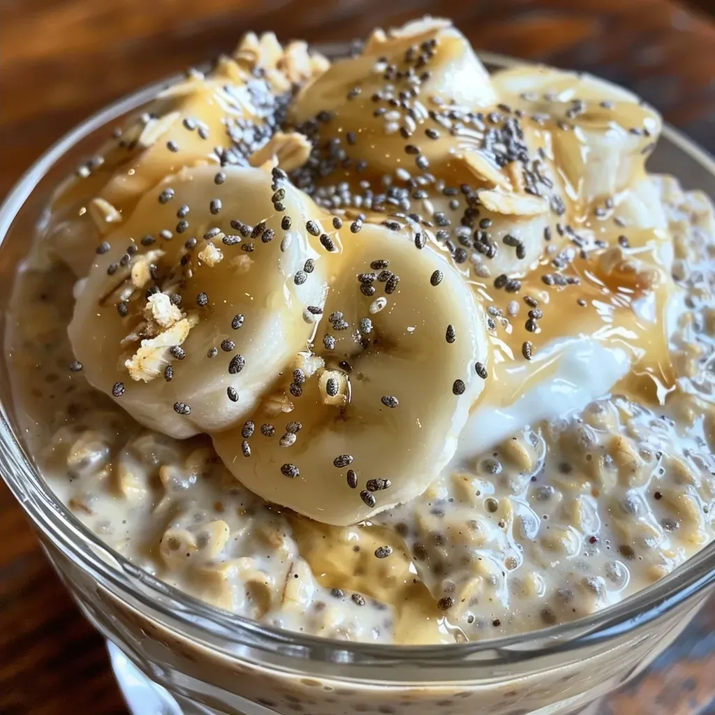 ['Close-up side view of creamy vanilla overnight oats in a jar.', 'Detailed view of a bowl filled with layered vanilla oats and toppings.', 'Delicious serving of vanilla overnight oats featuring granola and fruits.', 'Side profile of a glass of vanilla overnight oats with chia seeds and yogurt.']