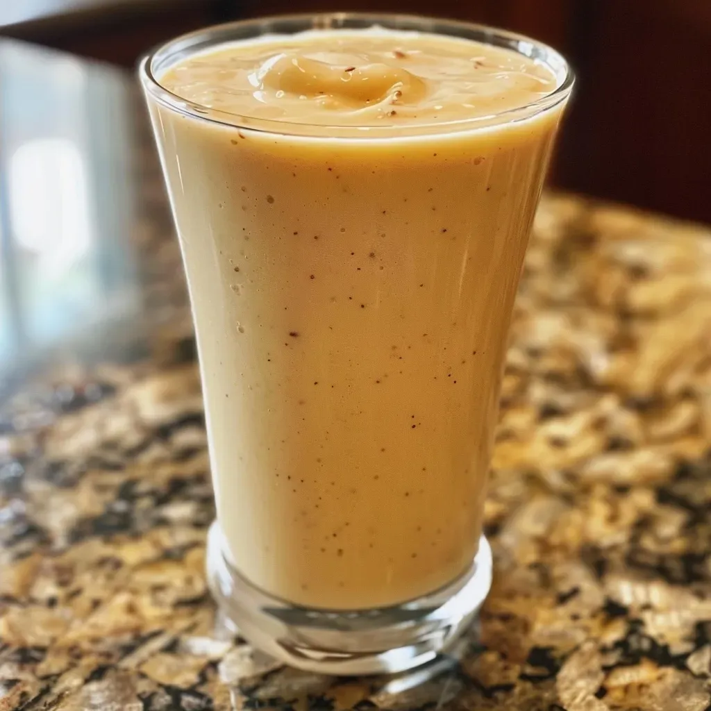 Close-up view of a creamy vanilla peach smoothie in a glass.