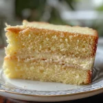 Side view of a moist vanilla sponge cake with a smooth frosting.
