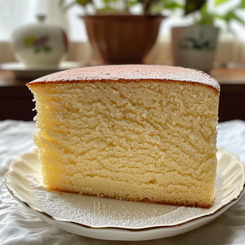 Close-up shot of a fluffy vanilla sponge cake, highlighting its texture.