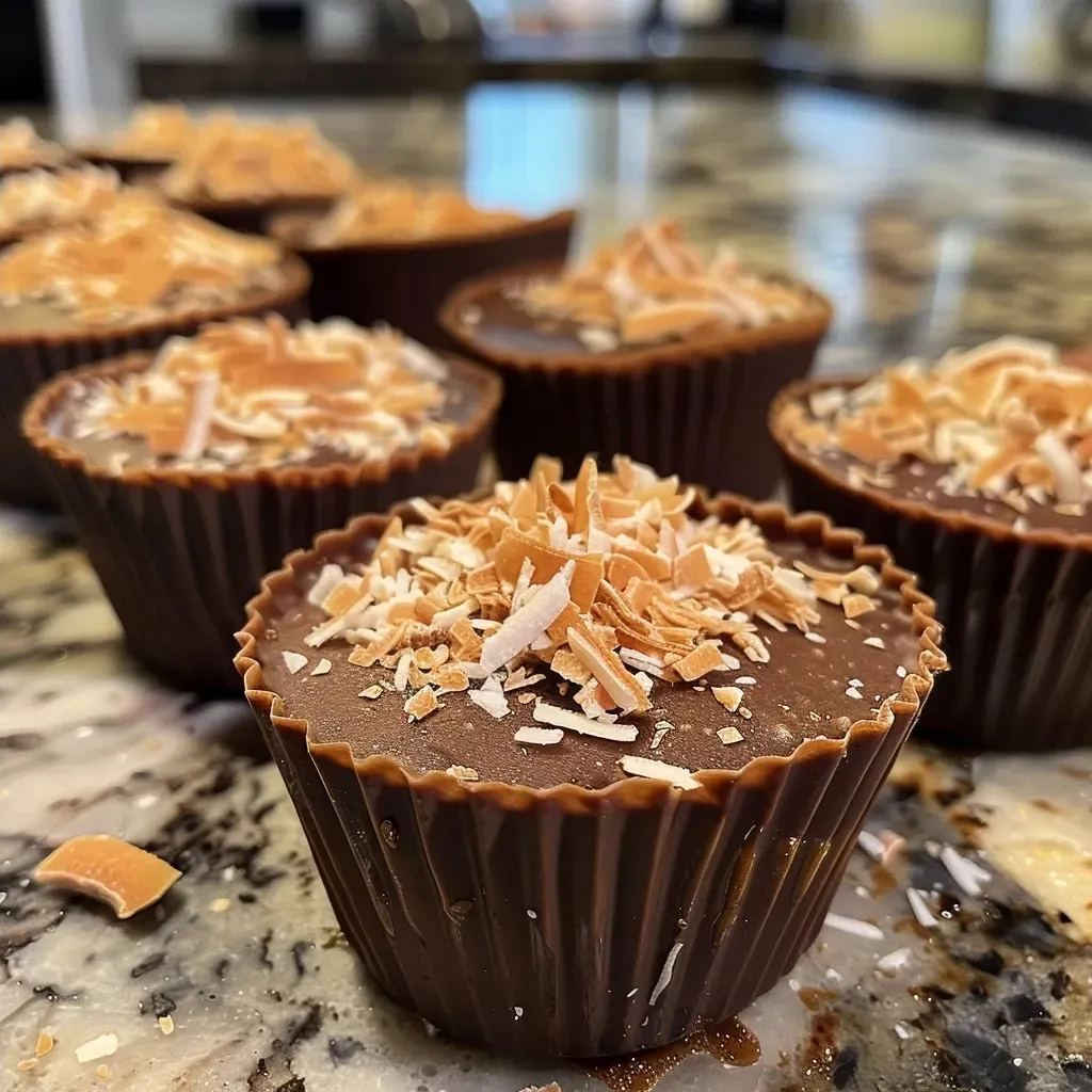 ['Close-up view of Vegan Coconut Cups topped with shredded coconut.', 'Side view of Vegan Coconut Cups showcasing their creamy texture and coconut flakes.', 'Juicy Vegan Coconut Cups displayed on a plate, highlighting their rich cocoa layers.', 'Eye-level shot of Vegan Coconut Cups revealing a luscious filling and coconut garnish.']