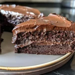 Close-up side view of a vegan gluten-free chocolate cake topped with chocolate buttercream.