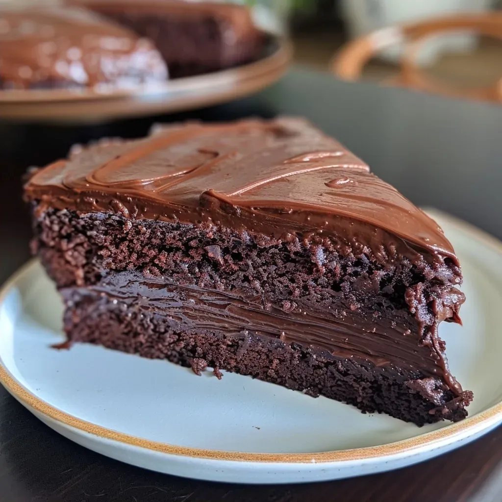 Juicy vegan chocolate cake with a smooth frosting, presented from a side angle.