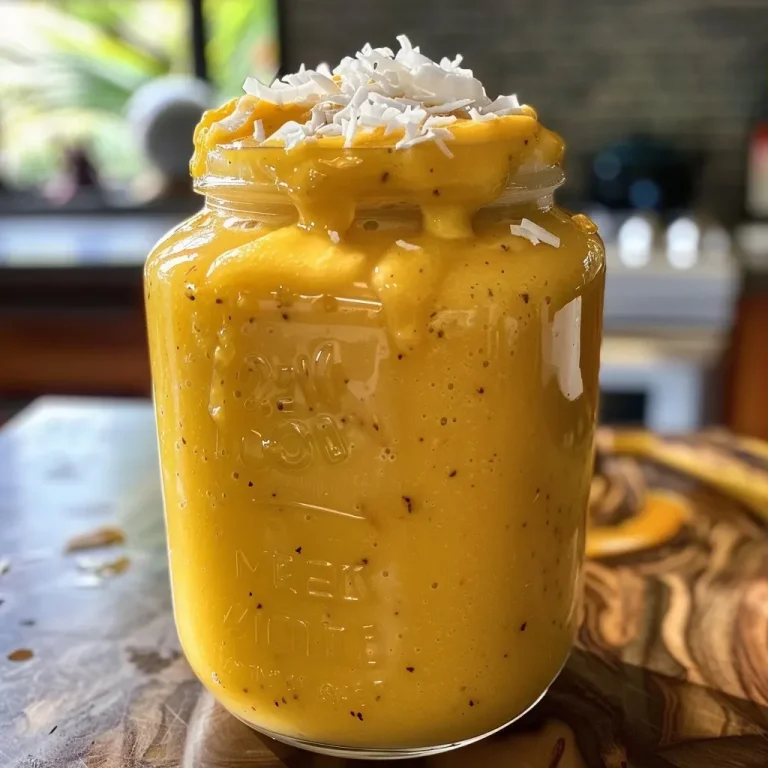 A vibrant yellow smoothie in a glass, garnished with shredded coconut and a slice of mango.