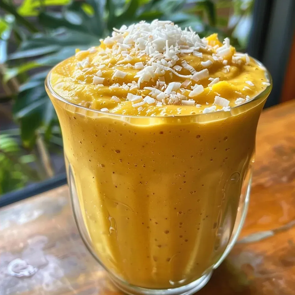 Close-up of a creamy mango coconut smoothie with a spoon resting beside it.