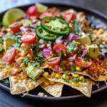 A close-up view of colorful vegan nachos topped with cashew queso, black beans, tomatoes, and avocado.