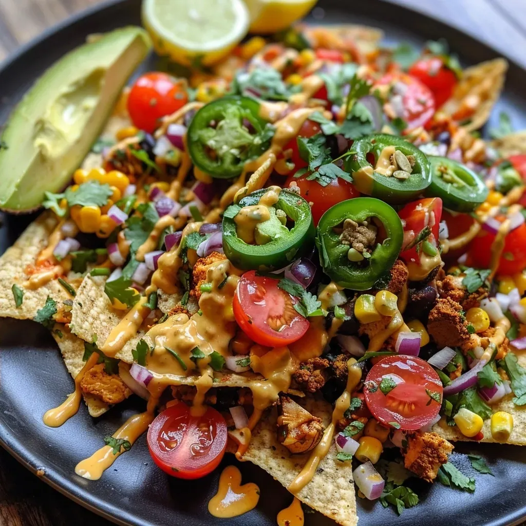 A vibrant plate of vegan nachos with melted cashew cheese and fresh toppings, viewed from the side.