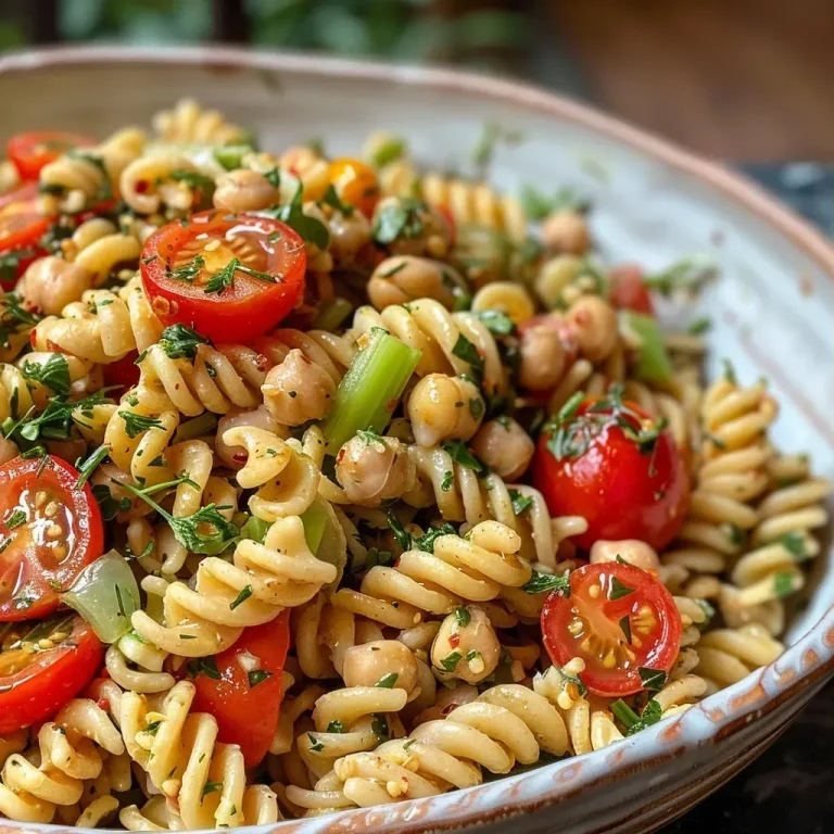 Delightfully Creamy Vegan Pasta Salad for Everyday Joy Close-up of creamy vegan pasta salad with cherry tomatoes, celery, and chickpeas.