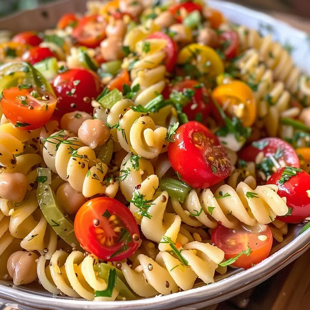 Side view of pasta salad featuring whole wheat rotini, hemp seeds, and fresh dill.