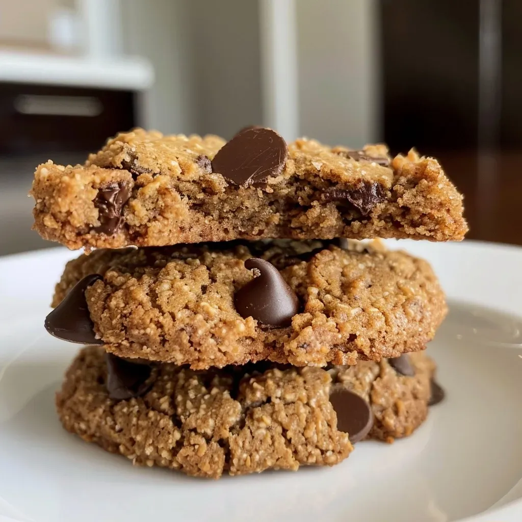 ['Close-up side view of vegan protein chocolate chip cookies with a soft texture.', 'Side view of warm, gooey vegan chocolate chip cookies displaying chocolate chunks.', 'Juicy vegan protein cookies stacked, showcasing their moist interior and chocolate pieces.', 'Vegan chocolate chip cookies highlighting a golden-brown exterior and melted chocolate.']