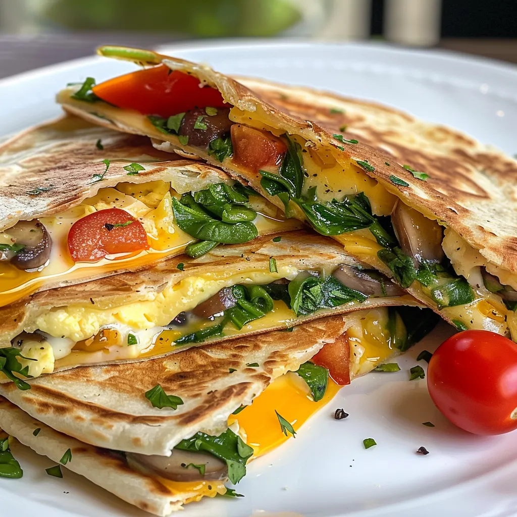 Side view of a freshly made Veggie Breakfast Quesadilla filled with spinach, tomatoes, and mushrooms.
