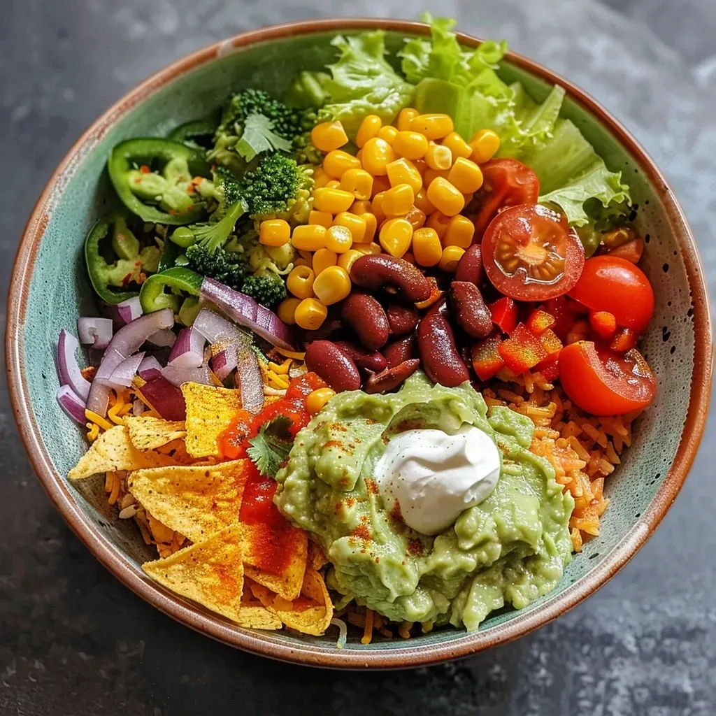 ['Close-up of a colorful Veggie Burrito Bowl with vibrant ingredients.', 'Side view of a delicious Veggie Burrito Bowl filled with fresh vegetables and grains.', 'Tasty Veggie Burrito Bowl featuring rice, beans, and toppings arranged appetizingly.', 'Detailed view of a nutritious Veggie Burrito Bowl with various textures and colors.']