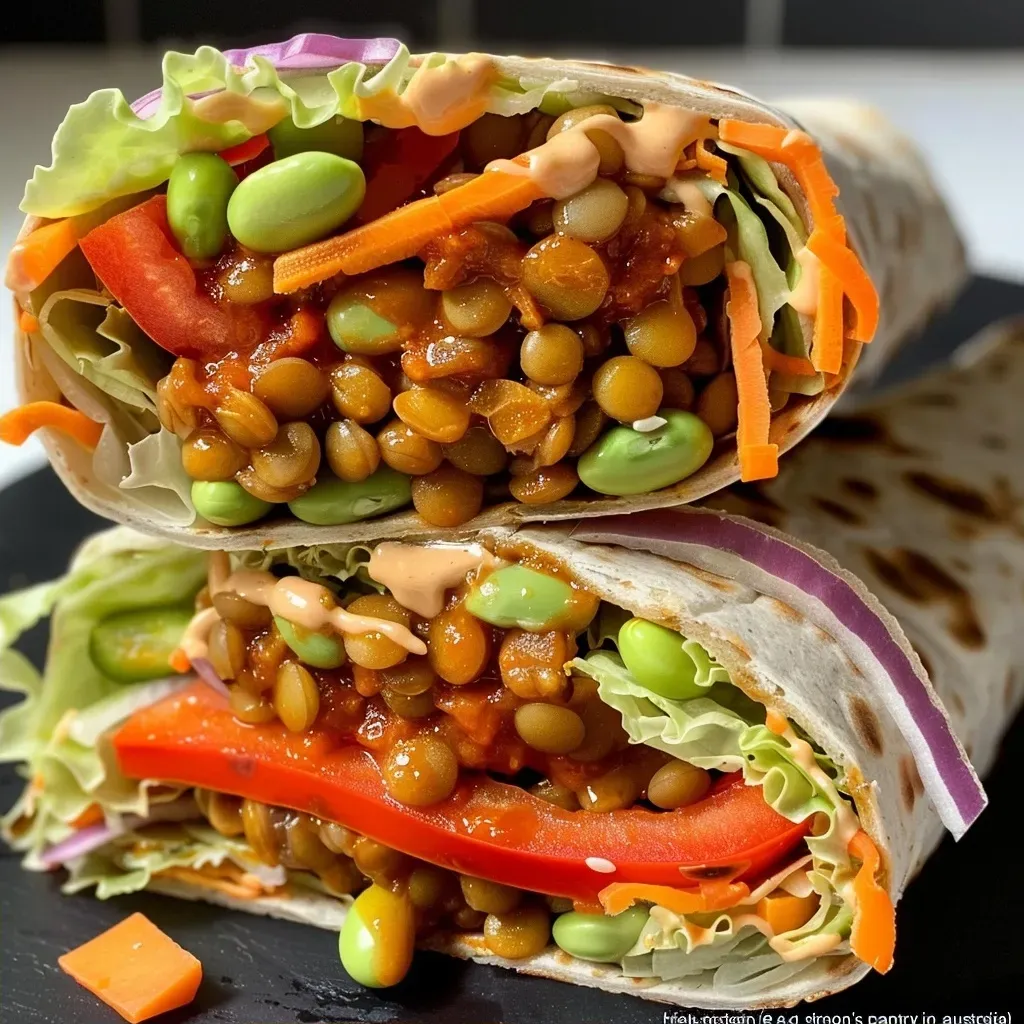 ['Close-up view of a colorful veggie wrap filled with fresh vegetables and lentils.', 'Side view of a delicious veggie wrap showcasing layers of ingredients and vibrant colors.', 'Juicy veggie wrap with visible edamame, lentils, and fresh bell peppers, ready to eat.', 'Appetizing side shot of a veggie wrap revealing its wholesome filling and fresh toppings.']