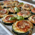 Close-up view of Zucchini Pizza Bites with melted cheese and pepperoni.