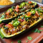['Close-up view of juicy zucchini taco boats filled with ground beef and colorful toppings.', 'Side view of zucchini taco boats showcasing a savory filling of ground beef and salsa.', 'Detailed shot of baked zucchini taco boats, garnished with cheese and fresh vegetables.', 'A vibrant display of zucchini taco boats stuffed with seasoned ground beef and toppings.']