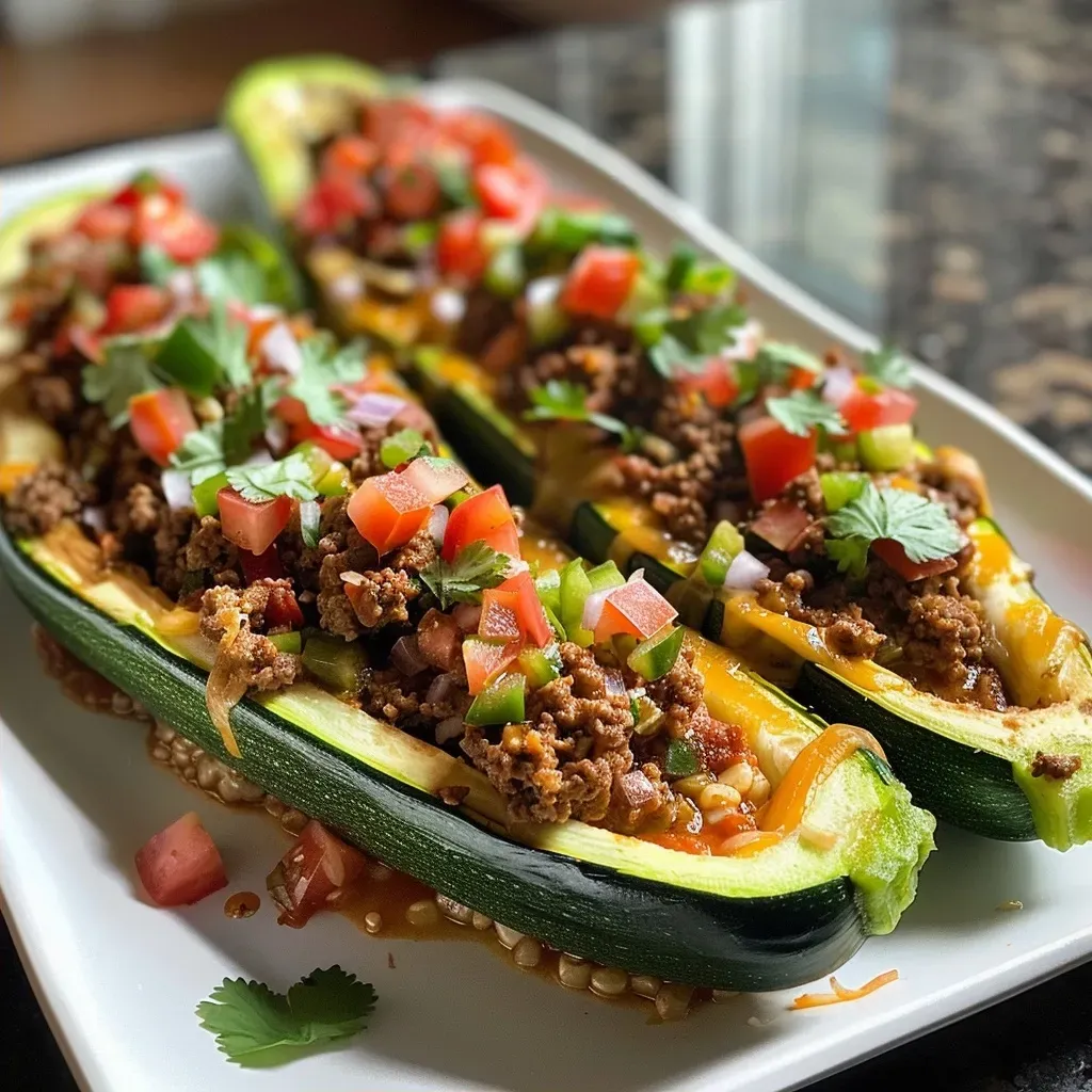 ['Close-up view of juicy zucchini taco boats filled with ground beef and colorful toppings.', 'Side view of zucchini taco boats showcasing a savory filling of ground beef and salsa.', 'Detailed shot of baked zucchini taco boats, garnished with cheese and fresh vegetables.', 'A vibrant display of zucchini taco boats stuffed with seasoned ground beef and toppings.']