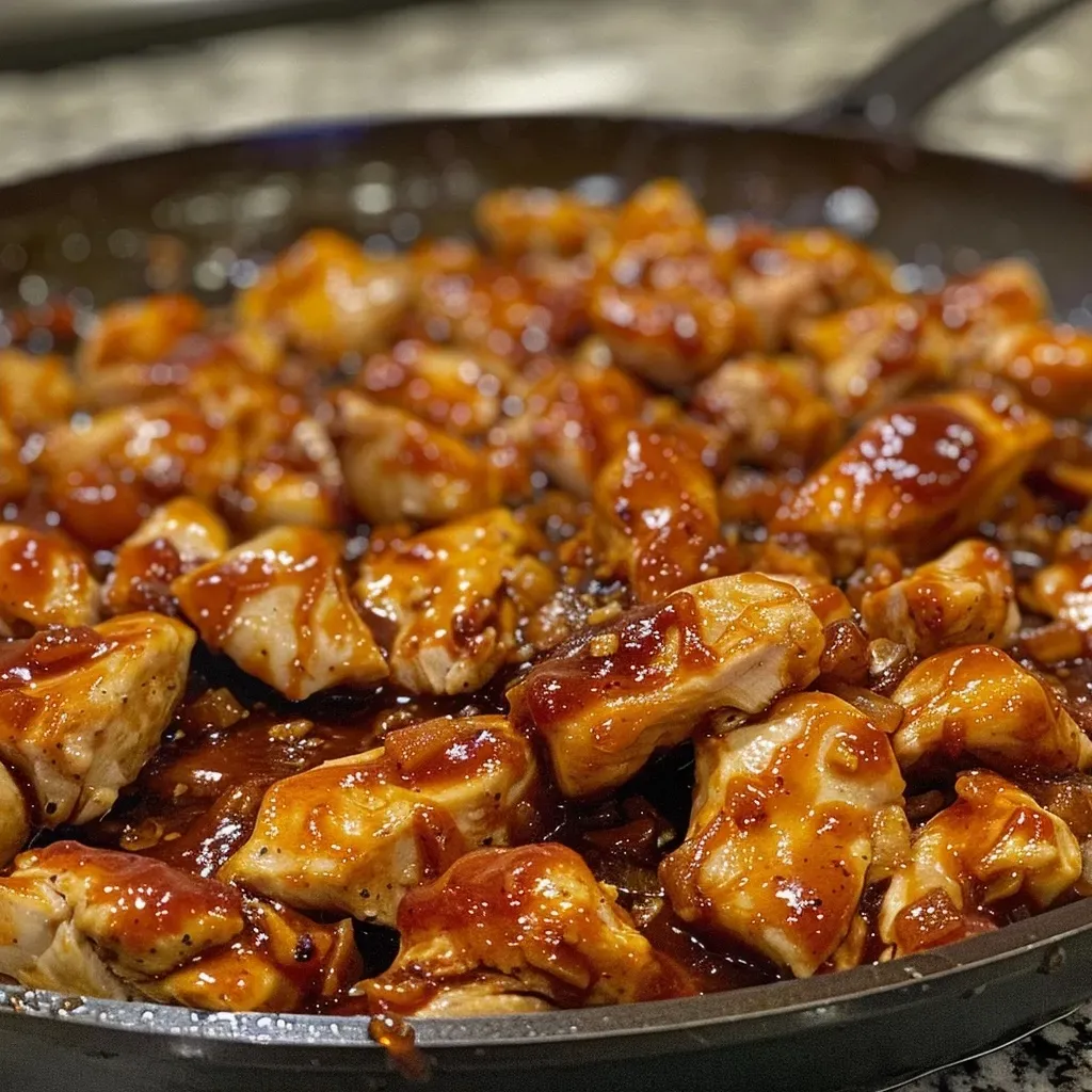 ['Juicy barbecue chicken pieces in a skillet, garnished with herbs.', 'Close-up of a colorful barbecue chicken skillet filled with diced chicken.', 'Flavorful barbecue chicken skillet with a rich sauce and fresh ingredients.', 'Gloriously cooked barbecue chicken in a non-stick skillet, ready to serve.']