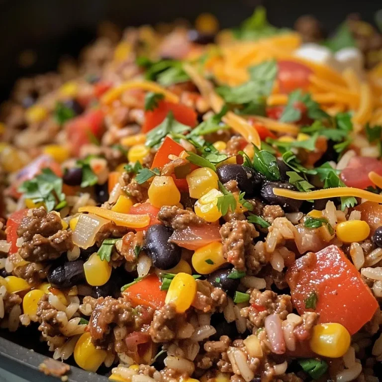 ['Close-up of a bowl filled with Tex-Mex beef and rice topped with cheese and cilantro.', 'Juicy Tex-Mex beef and rice dish with vibrant colors, garnished with sour cream.', 'A side view of a hearty plate of Tex-Mex beef and rice, showcasing ingredients like corn and black beans.', 'Colorful serving of beef and rice with cheese melting on top, captured in a close-up shot.']