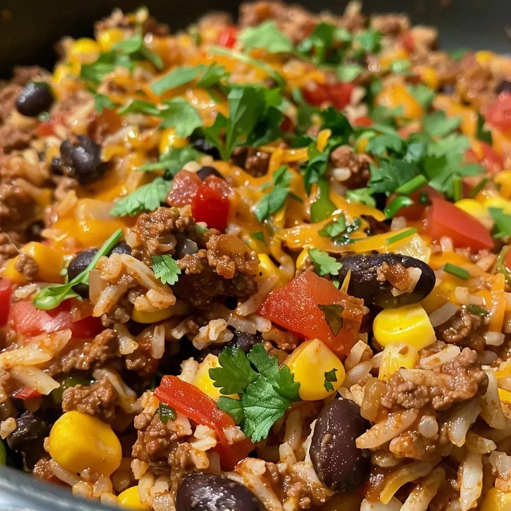 Close-up of a bowl filled with Tex-Mex beef and rice topped with cheese and cilantro.