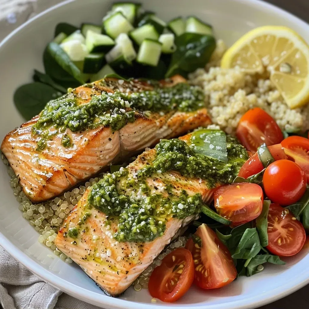 Close-up view of vibrant Air Fry Pesto Salmon Bowl with quinoa and fresh vegetables.