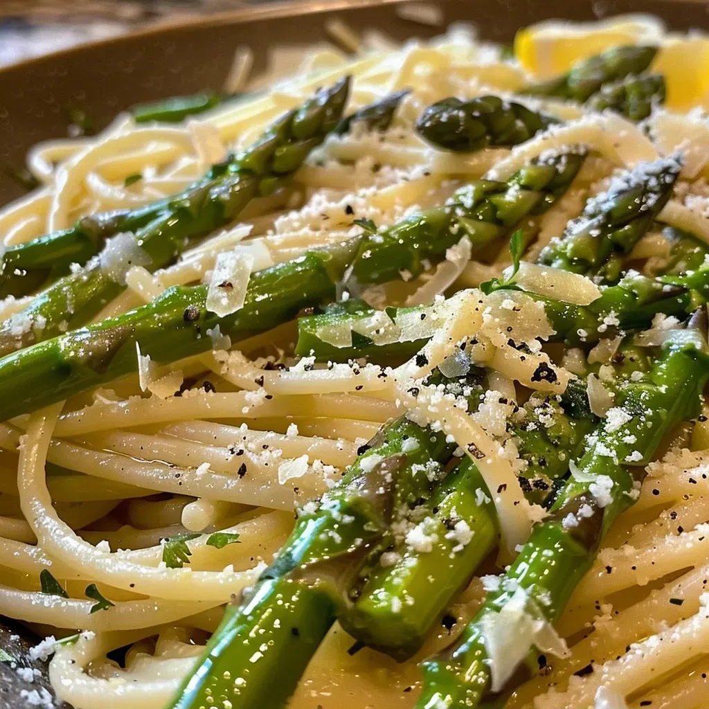 Close-up view of a bowl of asparagus lemon garlic pasta with grated parmesan.