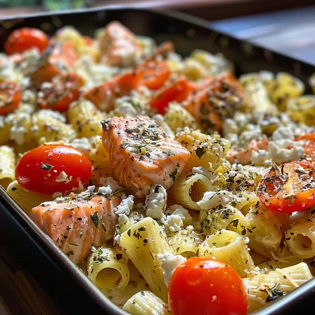Close-up of Baked Feta Pasta with Salmon, showcasing creamy feta and cherry tomatoes.