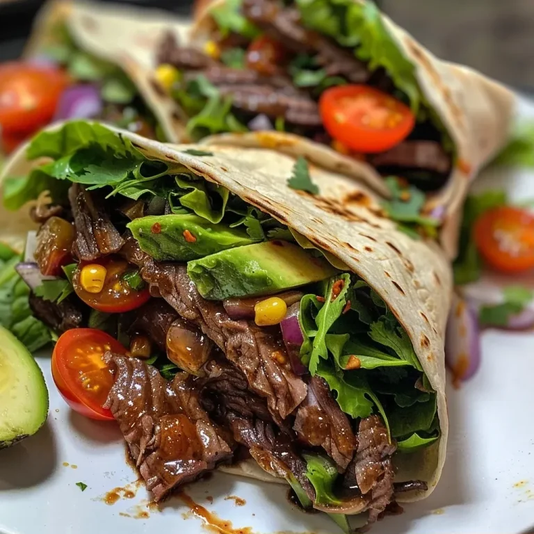 ['Close-up view of a BBQ Beef and Avocado Wrap, showcasing juicy beef and vibrant toppings.', 'Side view of a delicious BBQ Beef and Avocado Wrap with fresh ingredients like avocado and lettuce.', 'Detailed shot of a BBQ Beef and Avocado Wrap, highlighting the tender beef, avocado slices, and colorful vegetables.', 'Glowing image of a BBQ Beef and Avocado Wrap, featuring a variety of fillings wrapped in a tortilla.']