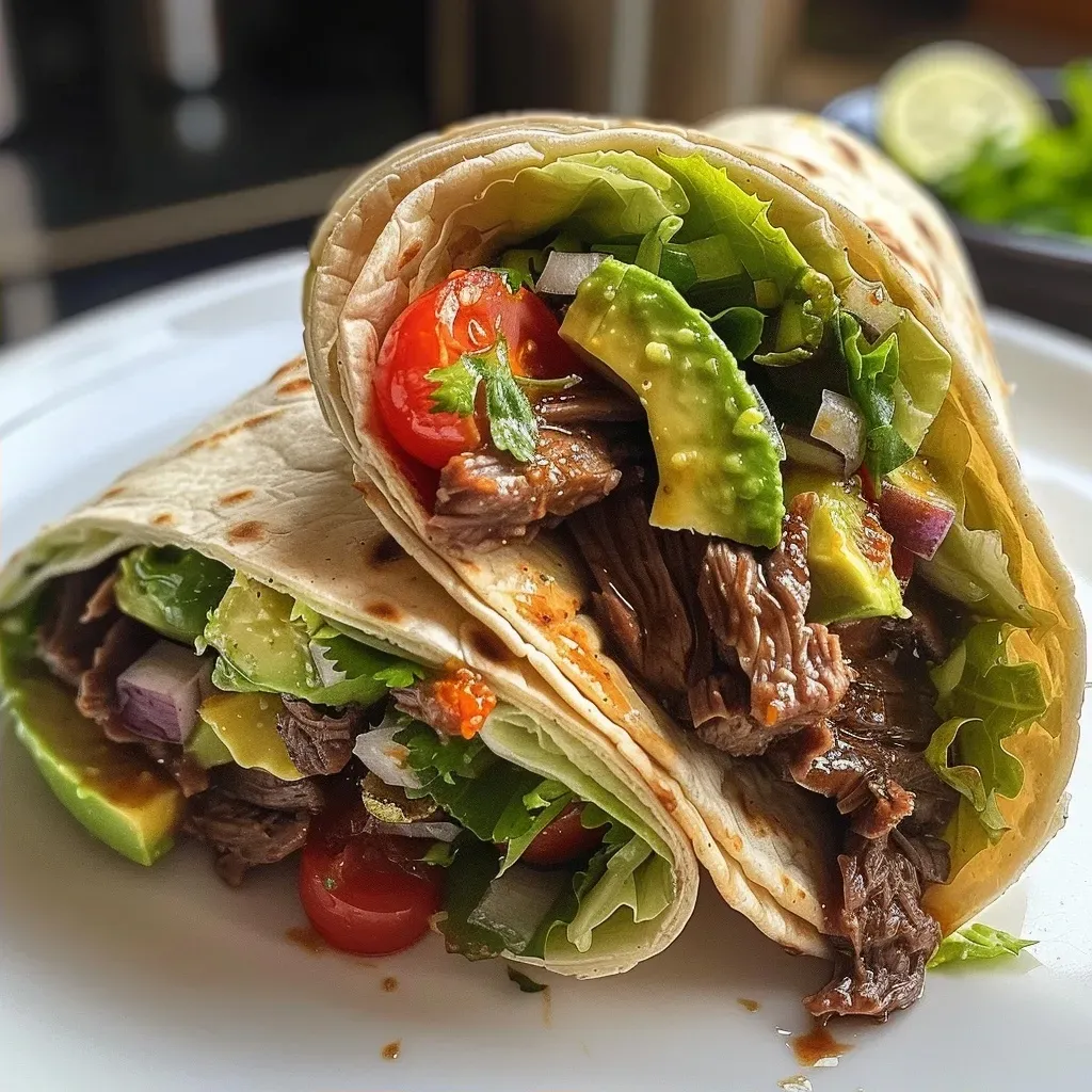 Close-up view of a BBQ Beef and Avocado Wrap, showcasing juicy beef and vibrant toppings.