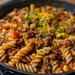 ['Close-up view of a BBQ Beef Pasta Skillet with colorful ingredients.', 'Juicy BBQ Beef Pasta Skillet featuring ground beef and vibrant bell peppers.', 'A hearty skillet dish with BBQ sauce, pasta, and melted cheddar cheese.', 'An appetizing plate of BBQ Beef Pasta Skillet highlighting rotini and corn.']