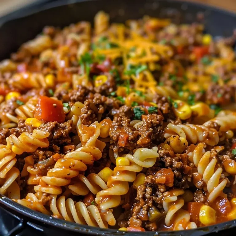 ['Close-up view of a BBQ Beef Pasta Skillet with colorful ingredients.', 'Juicy BBQ Beef Pasta Skillet featuring ground beef and vibrant bell peppers.', 'A hearty skillet dish with BBQ sauce, pasta, and melted cheddar cheese.', 'An appetizing plate of BBQ Beef Pasta Skillet highlighting rotini and corn.']