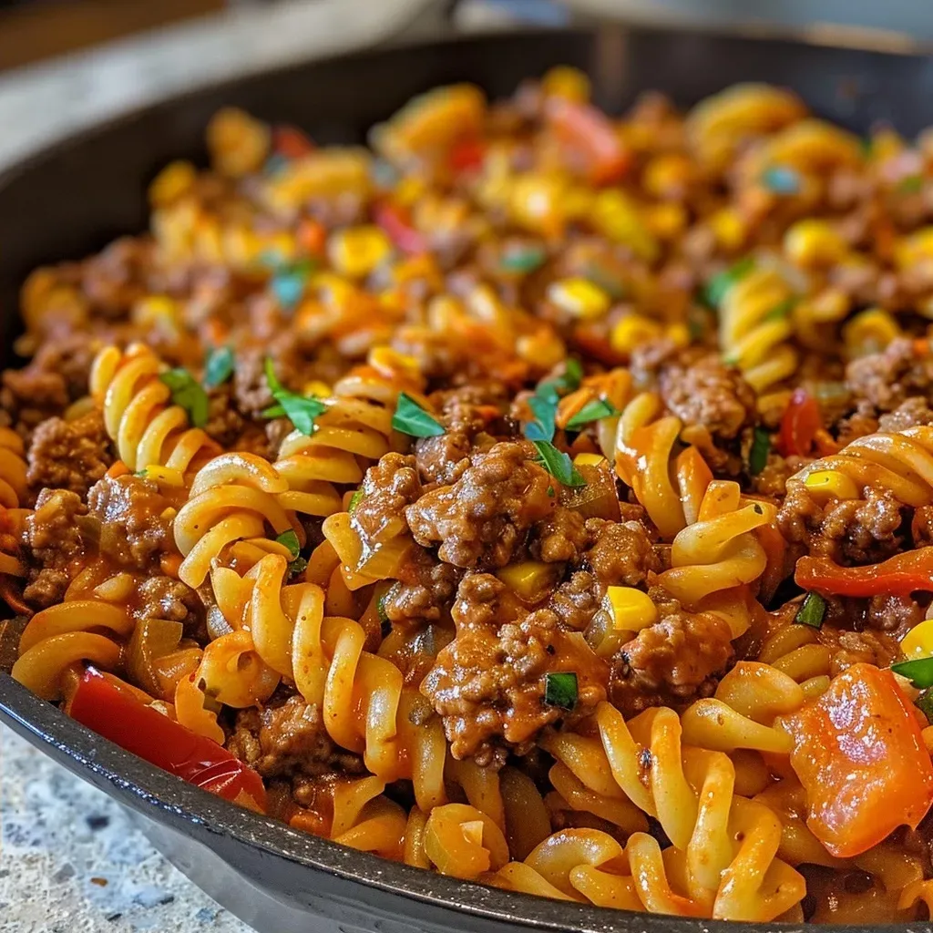 ['Close-up view of a BBQ Beef Pasta Skillet with colorful ingredients.', 'Juicy BBQ Beef Pasta Skillet featuring ground beef and vibrant bell peppers.', 'A hearty skillet dish with BBQ sauce, pasta, and melted cheddar cheese.', 'An appetizing plate of BBQ Beef Pasta Skillet highlighting rotini and corn.']
