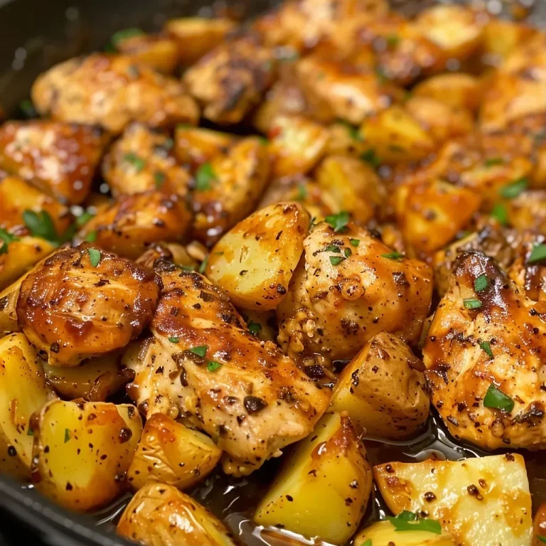 ['Close-up of a BBQ Chicken and Potato Skillet, showcasing juicy chicken pieces and golden potatoes.', 'Side view of a sizzling BBQ Chicken and Potato Skillet with melted cheese and garnished with herbs.', 'A vibrant BBQ Chicken and Potato Skillet filled with tender chicken and cubed potatoes, glistening with BBQ sauce.', 'Delicious BBQ Chicken and Potato Skillet on a rustic wooden table, with a focus on its rich colors and textures.']