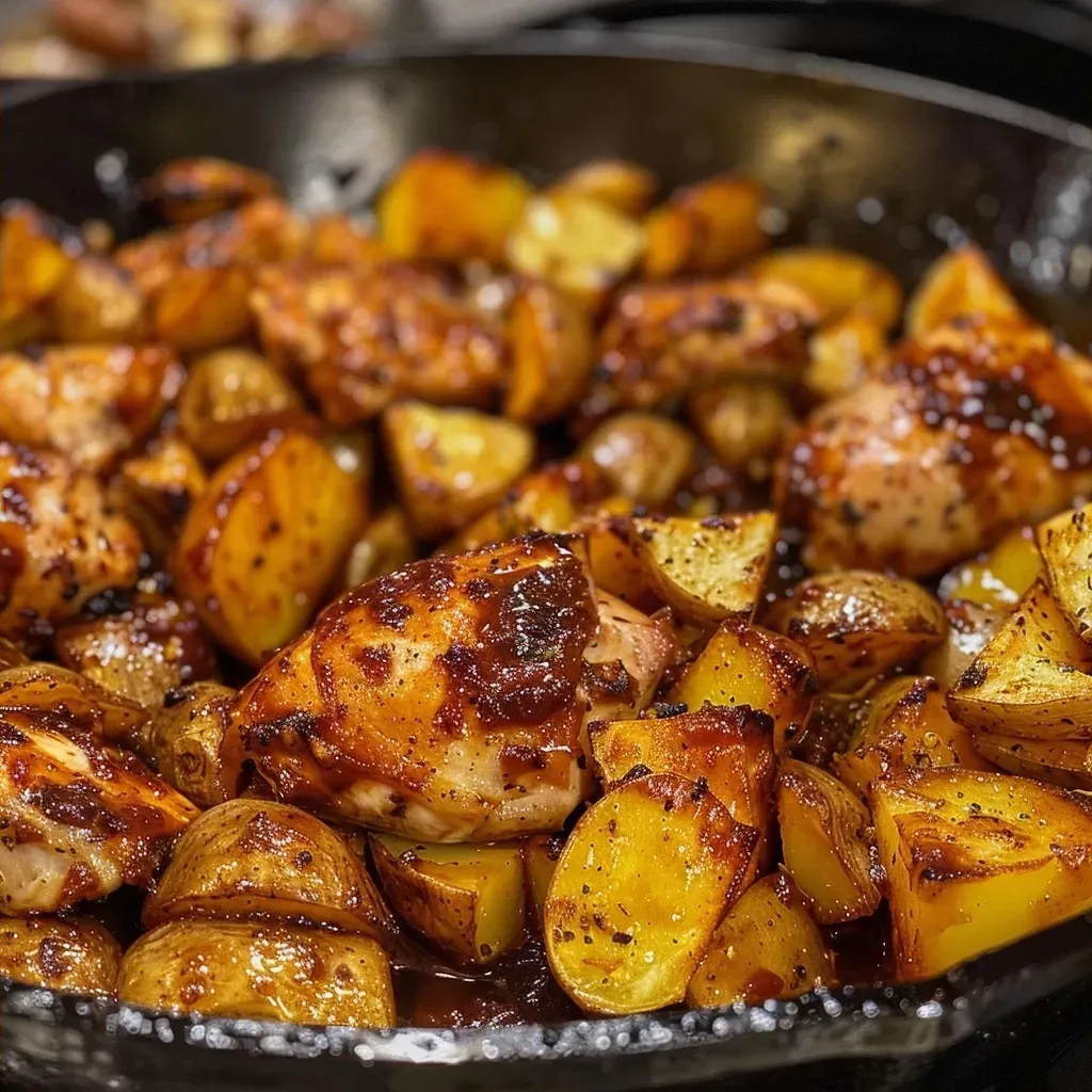 Close-up of a BBQ Chicken and Potato Skillet, showcasing juicy chicken pieces and golden potatoes.