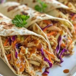 ['Juicy BBQ chicken coleslaw wraps on a wooden table, showcasing vibrant colors.', 'Close-up of a tortilla wrap filled with BBQ chicken, coleslaw, and garnished with parsley.', 'Side view of BBQ Chicken Coleslaw Wraps, with shredded chicken and colorful slaw peeking out.', 'Appetizing wrap filled with shredded BBQ chicken and coleslaw, displayed on a plate.']