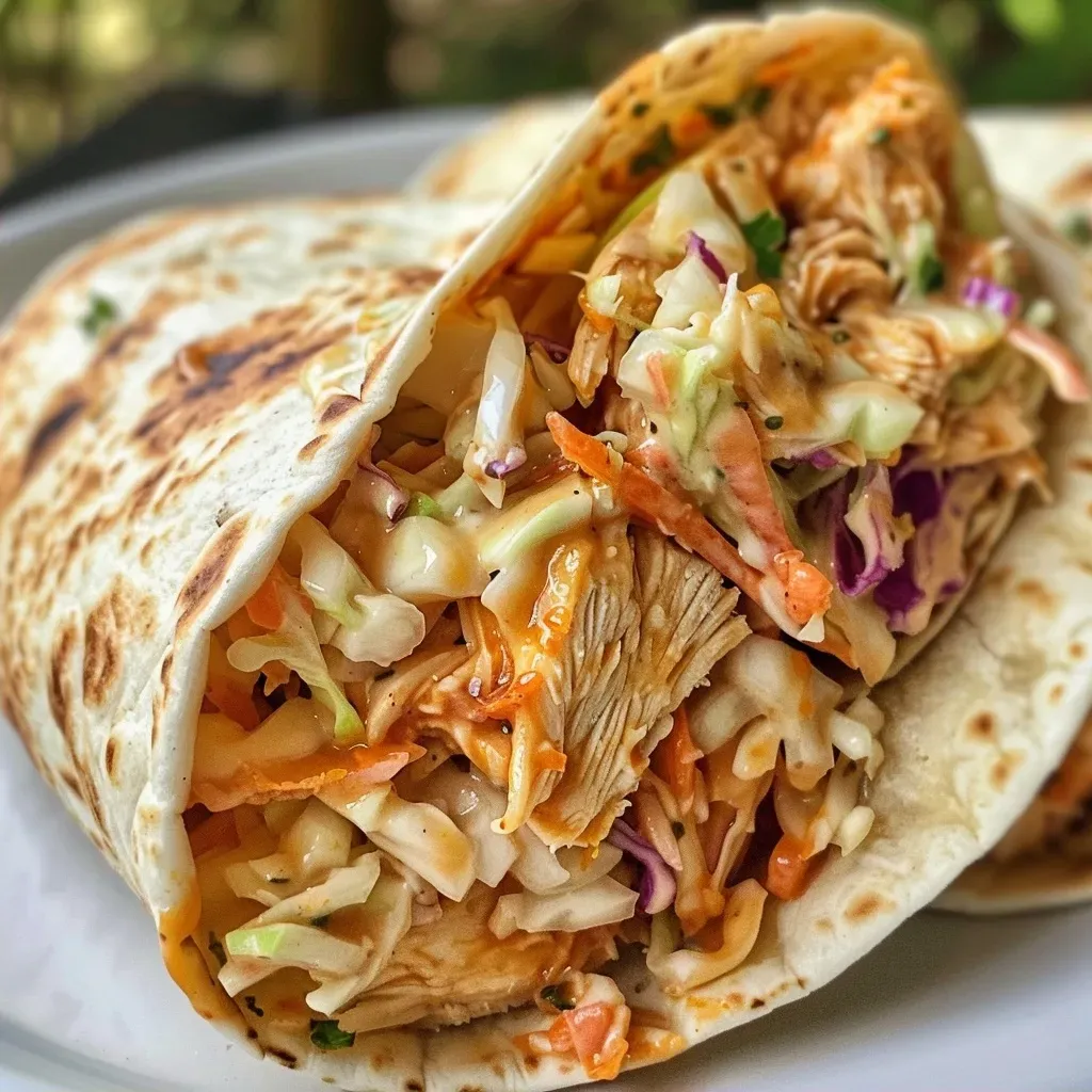['Juicy BBQ chicken coleslaw wraps on a wooden table, showcasing vibrant colors.', 'Close-up of a tortilla wrap filled with BBQ chicken, coleslaw, and garnished with parsley.', 'Side view of BBQ Chicken Coleslaw Wraps, with shredded chicken and colorful slaw peeking out.', 'Appetizing wrap filled with shredded BBQ chicken and coleslaw, displayed on a plate.']