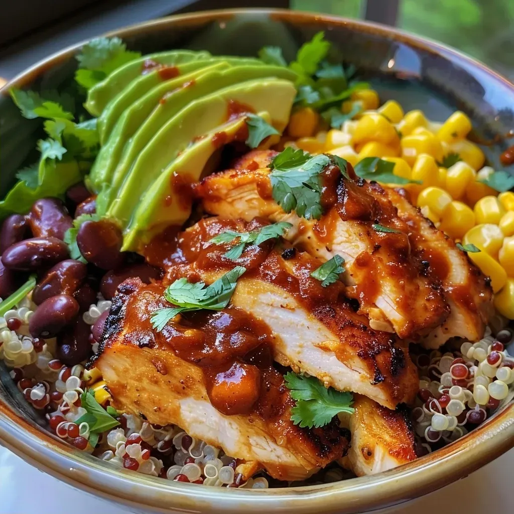 ['Close-up view of a BBQ chicken quinoa bowl with vibrant colors.', 'Side view of a quinoa bowl topped with chicken, corn, and avocado.', 'A colorful bowl featuring BBQ chicken, quinoa, and fresh ingredients.', 'Juicy BBQ chicken quinoa bowl with visible layers of ingredients.']