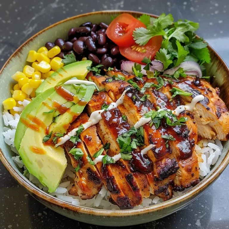 ['A close-up view of a BBQ chicken rice bowl, showcasing layers of rice, chicken, corn, black beans, and avocado.', 'Side view of a delicious BBQ chicken rice bowl with colorful ingredients like sweet corn, black beans, and fresh cilantro.', 'Close-up image of a BBQ chicken rice bowl, featuring juicy chicken, rice, and vibrant toppings.', 'Detailed side view of a BBQ chicken rice bowl, highlighting the glossy BBQ sauce and fresh vegetables.']