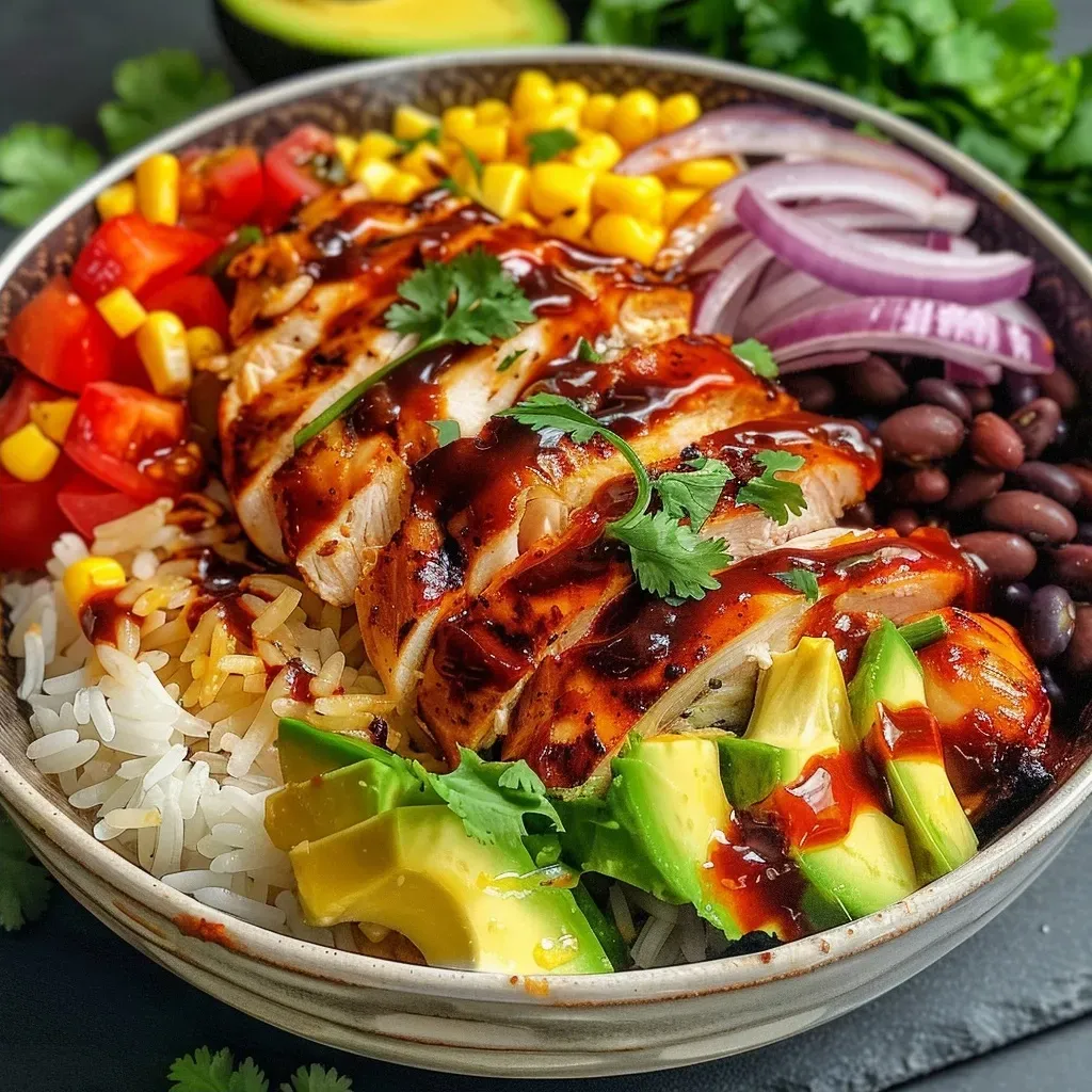 ['A close-up view of a BBQ chicken rice bowl, showcasing layers of rice, chicken, corn, black beans, and avocado.', 'Side view of a delicious BBQ chicken rice bowl with colorful ingredients like sweet corn, black beans, and fresh cilantro.', 'Close-up image of a BBQ chicken rice bowl, featuring juicy chicken, rice, and vibrant toppings.', 'Detailed side view of a BBQ chicken rice bowl, highlighting the glossy BBQ sauce and fresh vegetables.']