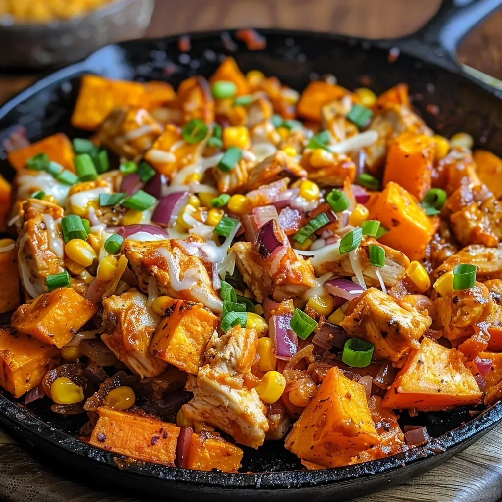 ['A close-up of a savory BBQ chicken sweet potato skillet showing diced sweet potatoes, shredded chicken, and melted cheese.', 'A vibrant skillet filled with BBQ chicken, yellow corn, and sliced red onions on a wooden surface.', 'A side view showcasing juicy BBQ chicken mixed with sweet potatoes, topped with green onions and cheese, served in a skillet.', 'A delicious BBQ chicken sweet potato dish with colorful ingredients photographed from the side, highlighting its textures.']