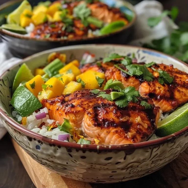 ['Close-up view of a BBQ salmon bowl with vibrant vegetables and sweet potato slices.', 'Side view of a colorful BBQ salmon bowl featuring salmon, greens, and apple slices.', 'Juicy BBQ salmon atop a bed of mixed greens with avocado and walnuts.', 'Delicious BBQ salmon bowl showcasing fresh herbs and sliced sweet potatoes.']