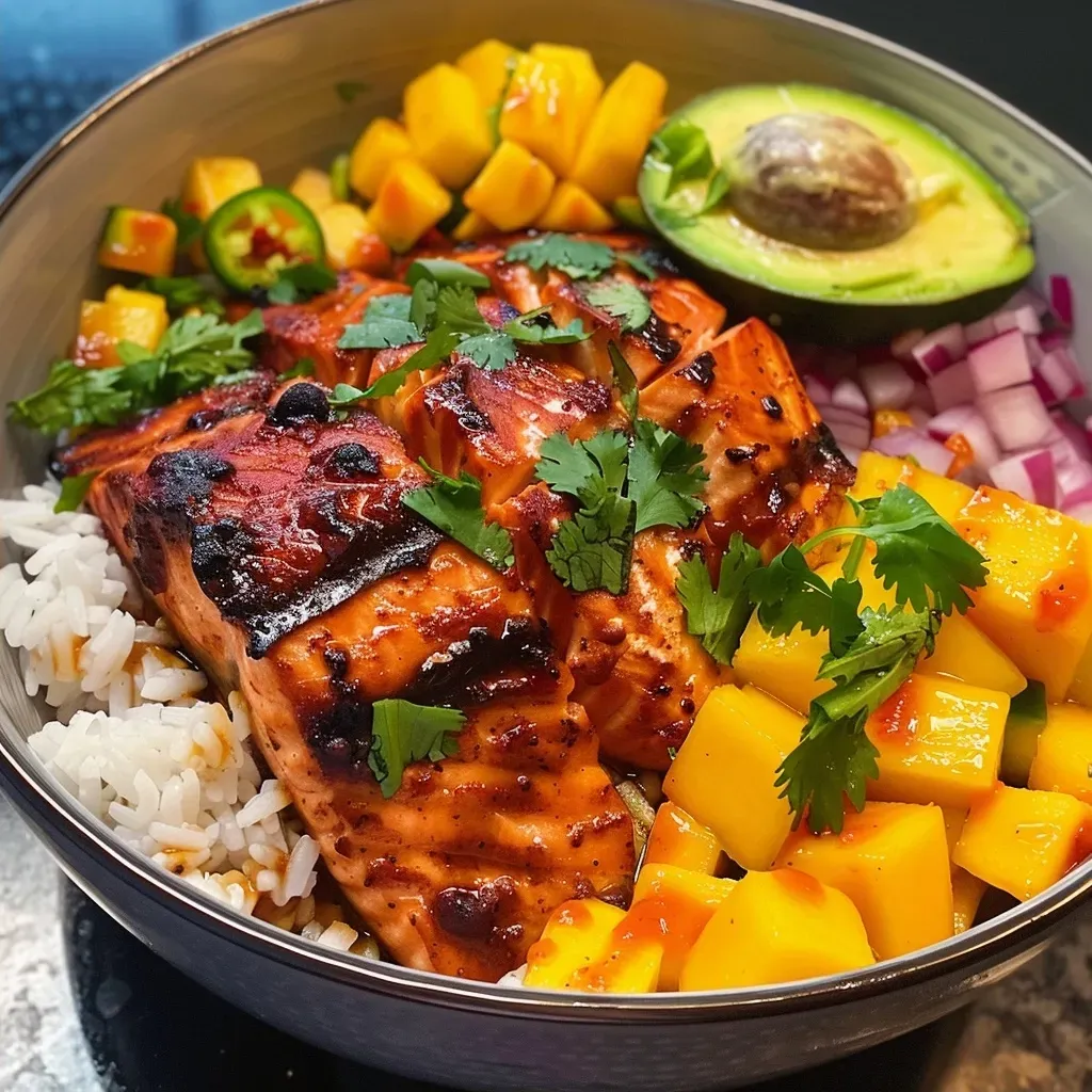 ['Close-up view of a BBQ salmon bowl with vibrant vegetables and sweet potato slices.', 'Side view of a colorful BBQ salmon bowl featuring salmon, greens, and apple slices.', 'Juicy BBQ salmon atop a bed of mixed greens with avocado and walnuts.', 'Delicious BBQ salmon bowl showcasing fresh herbs and sliced sweet potatoes.']