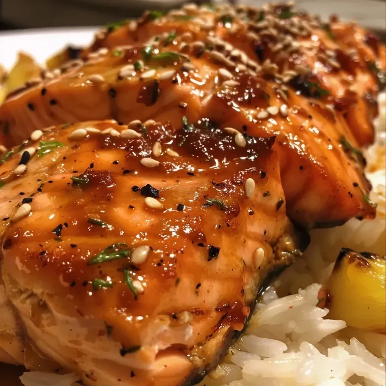 ['Close-up view of grilled BBQ salmon fillet garnished with sesame seeds and surrounded by cooked rice and pineapple chunks.', 'Juicy BBQ salmon fillet on a plate, showcasing its rich glaze and served with sides of rice and pineapple.', 'Side view of a perfectly cooked salmon fillet, glistening with BBQ sauce and topped with sesame seeds, next to rice and pineapple pieces.', 'Detailed image of BBQ salmon dish, featuring a salmon fillet with glossy sauce, sesame garnish, and colorful sides.']