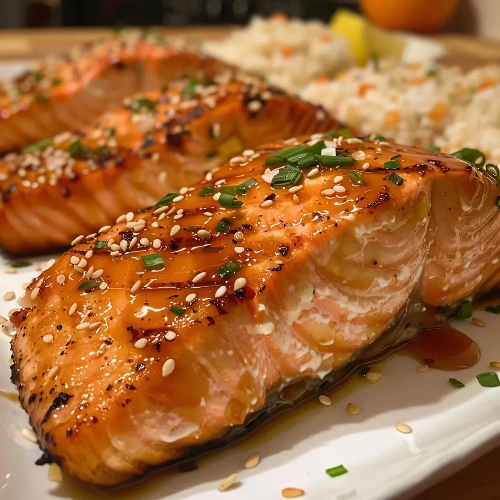 Close-up view of grilled BBQ salmon fillet garnished with sesame seeds and surrounded by cooked rice and pineapple chunks.