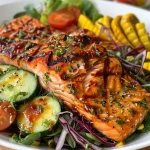['Close-up of a BBQ salmon salad, featuring bright greens, vegetables, and smoky vinaigrette.', 'Side view of a vibrant salmon salad with a glaze, mixed greens, and colorful toppings on a plate.', 'Detailed image of a BBQ salmon salad showcasing grilled salmon, fresh vegetables, and dressing drizzled on top.', 'Juicy BBQ salmon resting on a bed of greens, accented with vinaigrette and various colorful garnishes.']