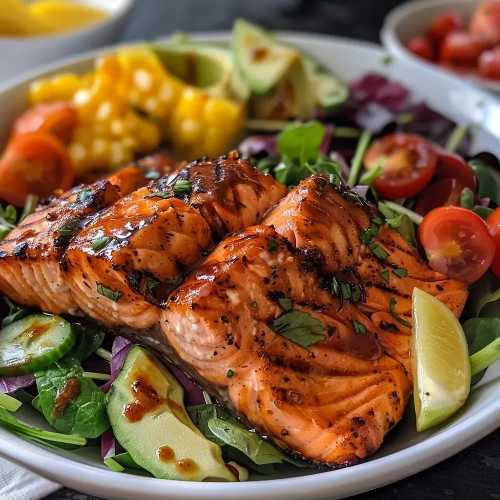 ['Close-up view of a vibrant BBQ salmon chopped salad with colorful vegetables.', 'A side perspective of a salad featuring BBQ salmon, romaine lettuce, and diced tomatoes.', 'Detailed shot of BBQ salmon salad presenting various fresh ingredients like corn and black beans.', 'Juicy BBQ salmon atop a mixed salad with greens and bright vegetables displayed artistically.']