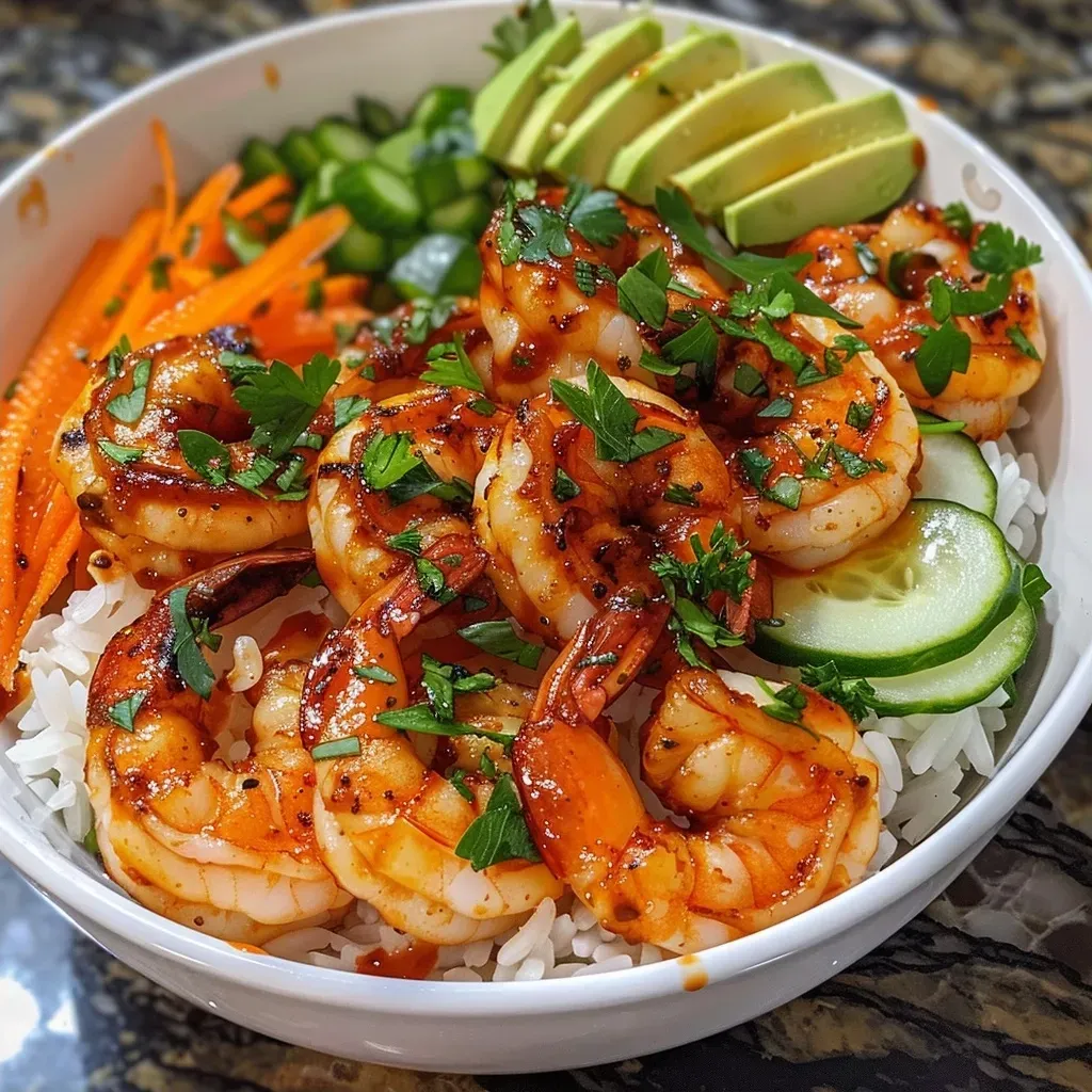 ['Close-up of a BBQ shrimp bowl with juicy shrimp, rice, and colorful veggies.', 'Side view of a vibrant BBQ shrimp bowl featuring shrimp, avocado, and sliced cucumbers.', 'Detailed image of BBQ shrimp bowl highlighting shrimp, carrots, and garnished with parsley.', 'Close-up shot of a delicious BBQ shrimp bowl filled with rice, shrimp, and fresh vegetables.']
