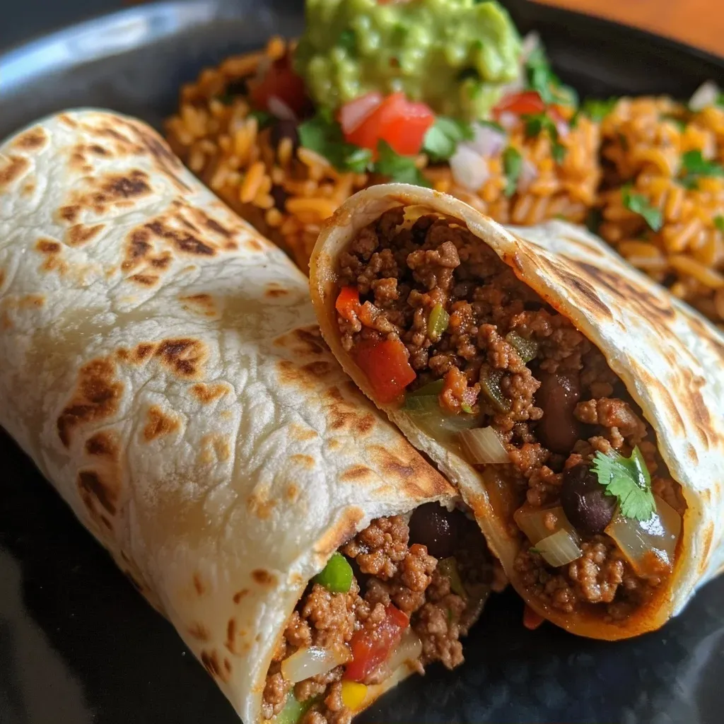 ['A close-up side view of a juicy beef burrito with visible ingredients and textures.', 'A detailed view of a beef burrito, showcasing the filling and tortilla.', 'A succulent beef burrito with cheese melting out, captured at an angle.', 'A vibrant beef burrito filled with seasonings, beans, and rice in a flour tortilla.']